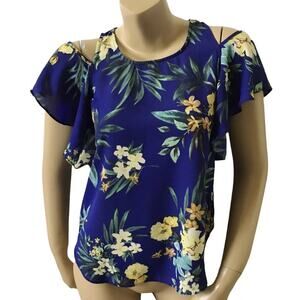 BCX Floral Cold Shoulder Blouse Womens XS Blue Sheer Short Sleeve Tropical